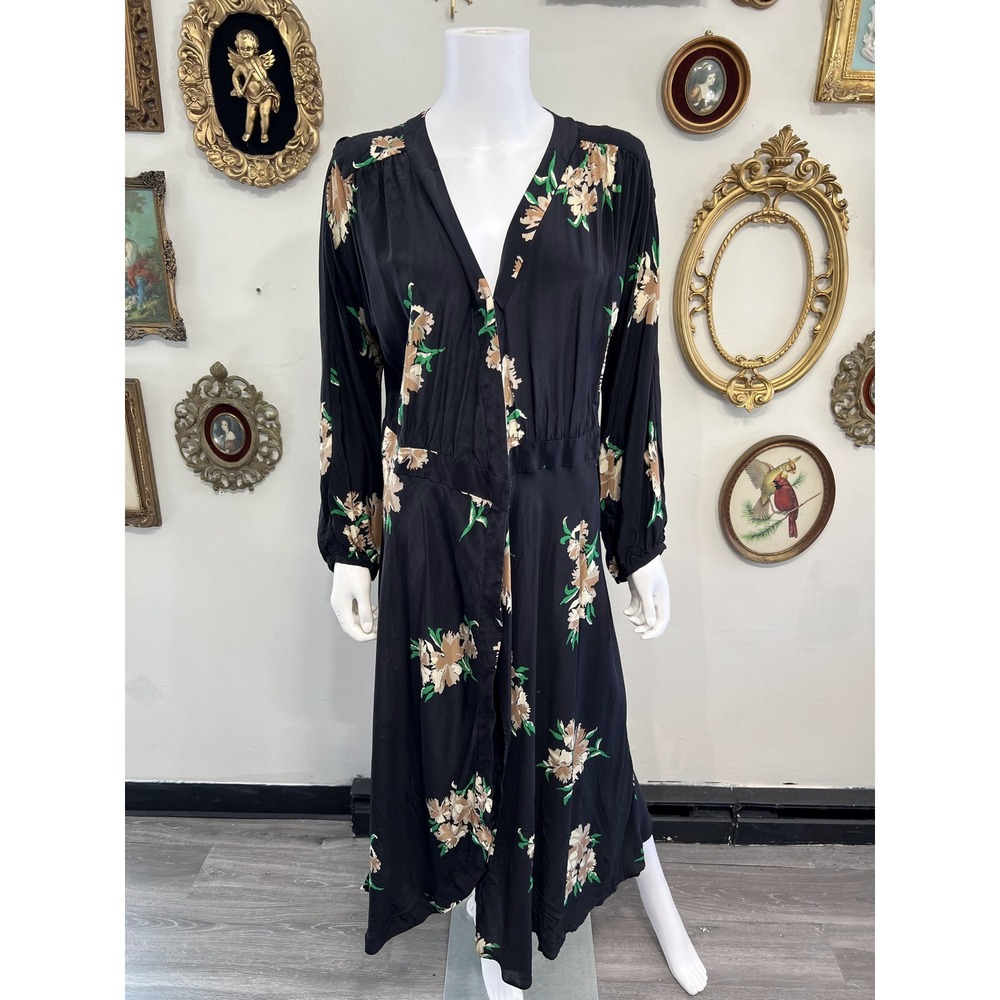 No.6 Store Black Floral Print Long Sleeve Silk Midi Dress Size L / 3